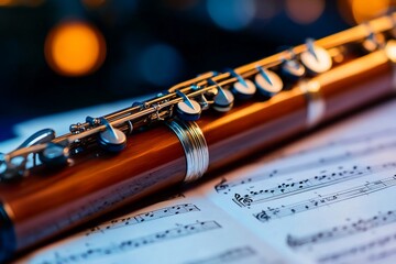 Obraz premium Artistic close-up of a flute resting on a sheet of musical notation