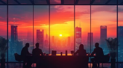Business team meeting at sunset city view