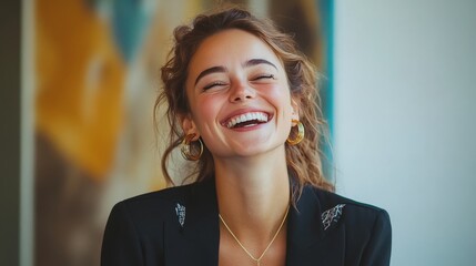 Fototapeta premium young businesswoman laughing while working in a modern office, cheerful atmosphere