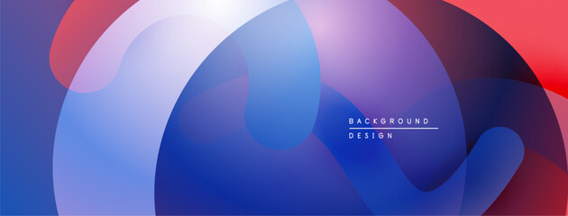 Abstract fluid shapes blend, creating vibrant blue, purple, red gradients. Modern design evokes movement, energy, depth.
