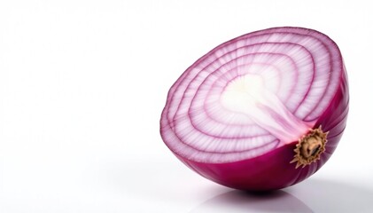 Close-up of red onion half, showing layers, white backdrop, image, sliced