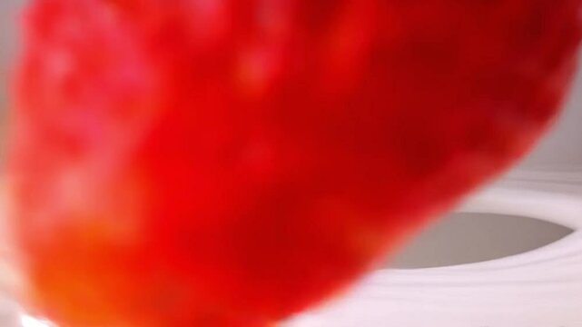 Close view of strawberry falling into milk splash