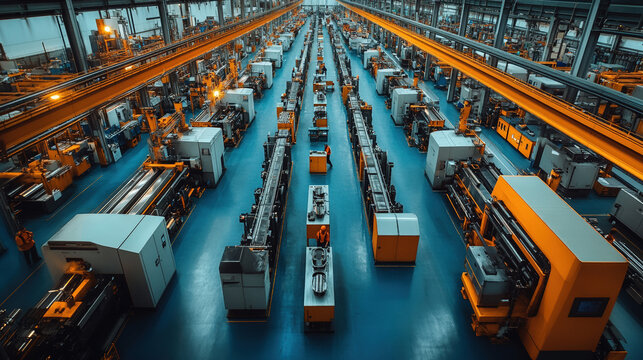 A vast, clean factory floor with numerous industrial machines arranged in parallel lines, showcasing a highly efficient manufacturing process