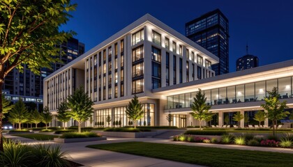 Obraz premium modern building in the city at night and beautiful landscaping