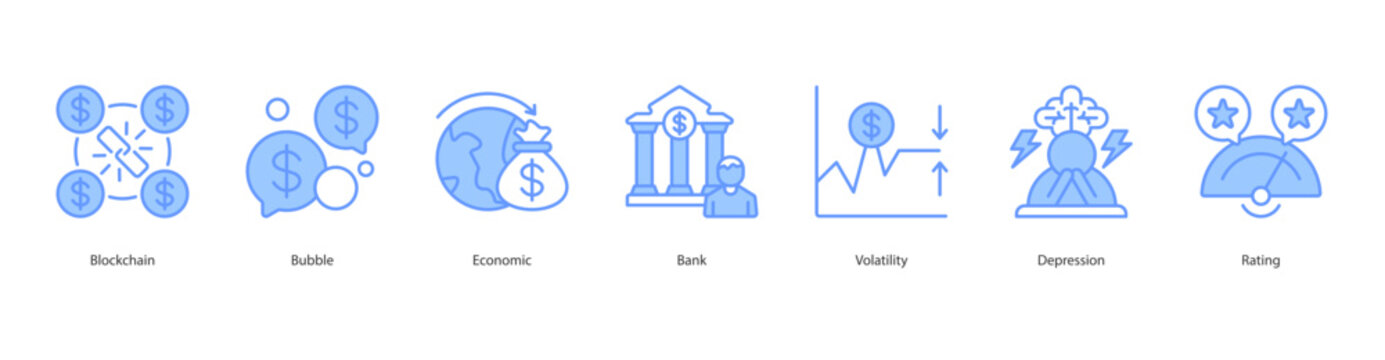 Economic Crisis icon sheet web banner vector illustration blockchain, bubble, economic, bank, volatility, depression, rating