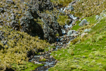 Natural landscapes of Arequipa, Peru. Magnificent views of the Andean mountains, snow-capped volcanoes, and hills in the Arequipa region.