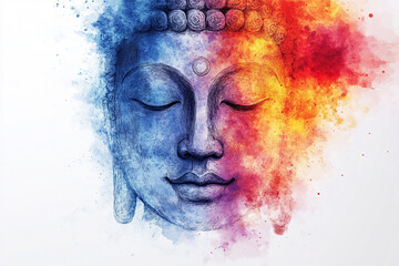 Abstract Buddha face filled with vibrant watercolor splashes, Vessak selebration Concept