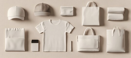 Blank apparel mockup set with t-shirt, cap, tote bag, and pouch on neutral background for branding and product display

