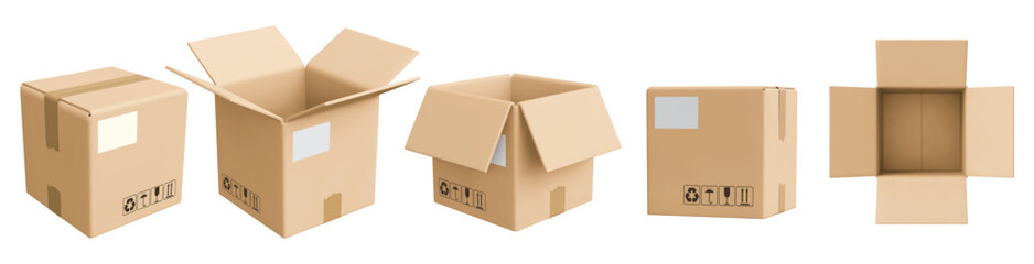 3D cardboard box, parcel icon set. Front, side, top view, closed and open. Render cargo delivery box with tag, packaging signs fragile, way up, keep dry, recyclable. 3d realistic vector illustration