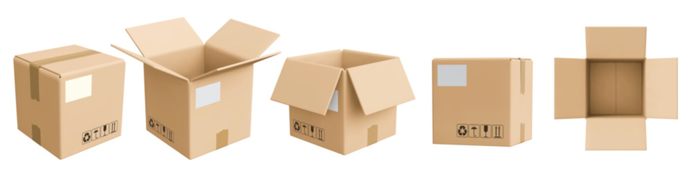 3D cardboard box, parcel icon set. Front, side, top view, closed and open. Render cargo delivery box with tag, packaging signs fragile, way up, keep dry, recyclable. 3d realistic vector illustration