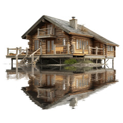Secluded Waterfront Log Cabin Home Reflecting in Calm Water A Stunning Wooden House on Stilts
