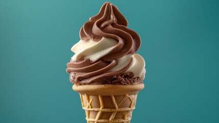 Extreme detail of a coffee ice cream cone with fudge ripple, against a flat blue-green background. No blur, studio lighting