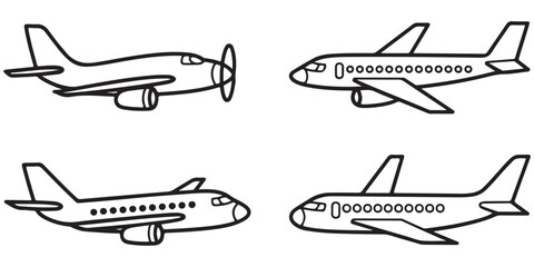 set of black various Airplane Silhouette, Vector illustration of silhouette of an airplane, outline coloring book page line art