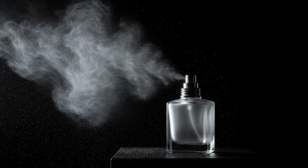 Elegant perfume bottle spraying fragrance against dark backdrop in moody light