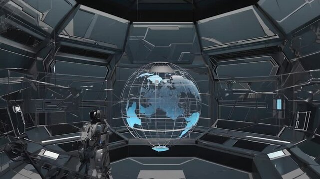 Futuristic spaceship control room with globe display, astronaut observing