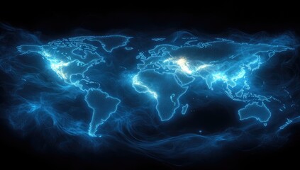 Global map highlighted with glowing blue lines.
