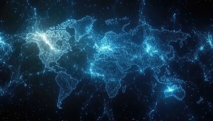 Global network map with glowing world outlines.