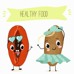 Mamey, mammea, mammee fruit. Natural vitamin antioxidant detox food collection. Vector hand drawn illistration.