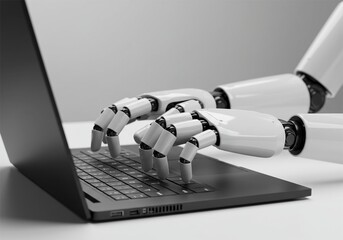 close up of a robot hand typing on a laptop. symbolizes the work being done by the robot