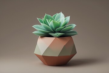 Succulent in green and orange pot on a beige surface. Ideal for home decor, gardening, botany, greenery concepts. Naturethemed designs.