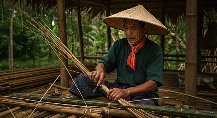 Man in conical hat prepares bamboo sticks in traditional setting outdoors