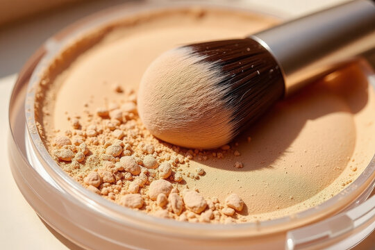 compact powder foundation with a soft makeup brush resting on top