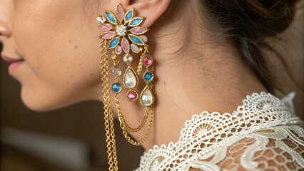 "Elegant Floral Earring with Blue and Pink Gemstones and Gold Chains"