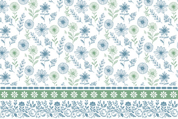 modern textile pattern. outline border repeat. seamless floral artwork. embroidery sketch petals. hand drawn design in one line. botanical background texture

