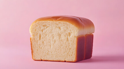 Loaf of fresh bread sliced in half reveals its soft interior against pink background