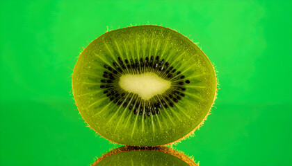 Sliced kiwi on mirrored surface with neon green background. Futuristic fruit concept.