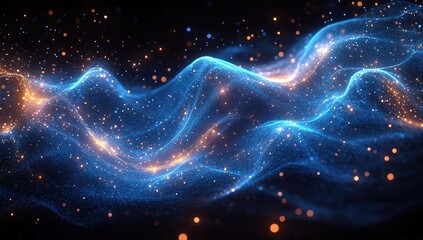 Obraz premium Abstract digital design of flowing particles in blue and orange.
