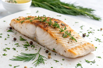 A baked fillet of fatty mahi mahi fish with herbs on transparent or white background