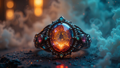 "Fiery Gemstone Ring with Intricate Metalwork &ndash; Mystical Elegance"