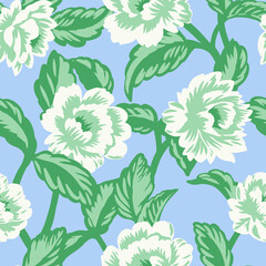 Seamless vintage floral pattern with white flowers and green leaves on a soft blue background. Perfect for fabric, wallpaper, packaging, and spring or summer designs. Retro botanical style.