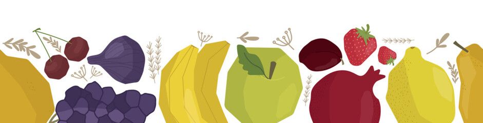 Vector illustration of a seamless strip of colorful fruits showing off a variety of fruits including grapes, lemons, bananas and strawberries. Stylized design perfect for food and health related theme