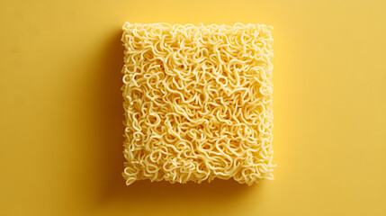 Square block of raw ramen noodles on vibrant yellow background, showcasing texture and simplicity