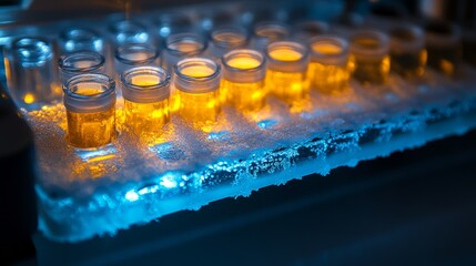 Glowing Amber Liquid in Frozen Vials Under Blue Light