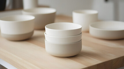 Minimalist ceramic dinnerware set displayed on wooden table, creating serene and elegant atmosphere