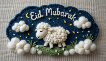 "Eid Mubarak &ndash; Festive Decoration with Fluffy Sheep and Crescent Moon"