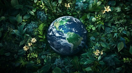 Earth's Embrace: Lush Green Foliage Surrounding a Detailed Globe