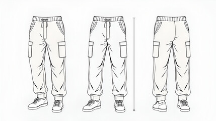 wide leg Sweatpants Flat Technical Drawing Illustration Five Pocket Classic Blank Streetwear Mock-up Template for Design Tech Packs CAD Joggers