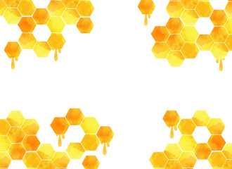 Watercolor Honeycomb with Dripping Honey on White Background