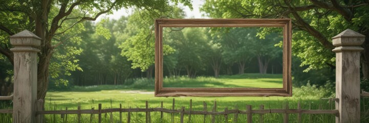 Empty frame hanging on weathered fence, vibrant green park backdrop,  sunlight,  billboard