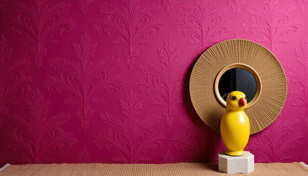 Vibrant yellow ceramic parrot statue by sunburst mirror, maximalism