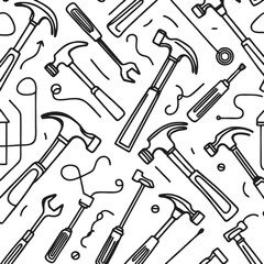 Seamless Pattern of Hand Drawn Tools: Hammers, Screwdrivers, Wrenches