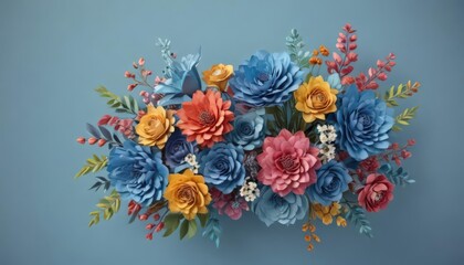 Colorful paper flower arrangement, blue background, copy space,  paper craft,  greeting