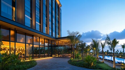 Modern Hotel Exterior: Evening Ambiance with Pool and Tropical Landscaping