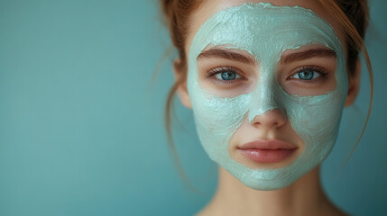 Young woman with facial mask and tied hair on clean light blue background 