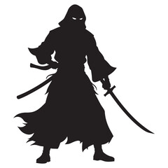 Ninja in battle pose, warrior sword silhouette, samurai battle victor with sword. illustration EPS 10