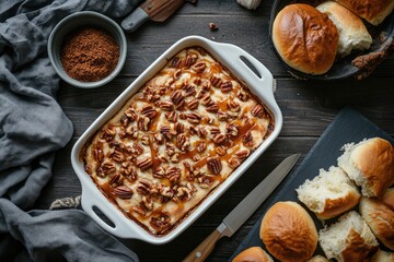 Pecan-topped casserole dish with dinner rolls.  Sweet, creamy filling topped with toasted pecans and a caramel glaze.  Prepared for baking